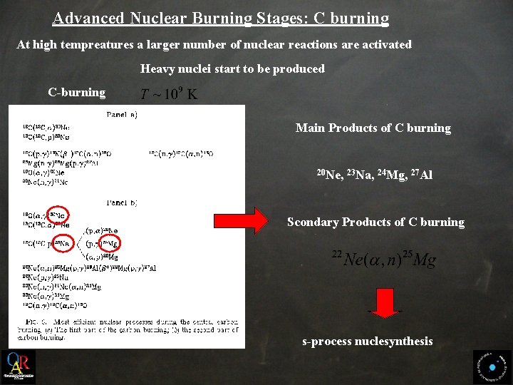 Advanced Nuclear Burning Stages: C burning At high tempreatures a larger number of nuclear