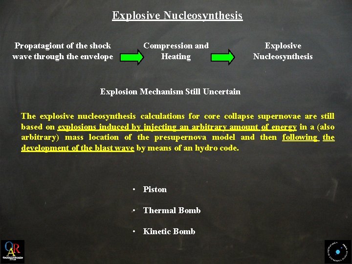 Explosive Nucleosynthesis Propatagiont of the shock wave through the envelope Compression and Heating Explosive