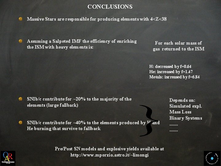 CONCLUSIONS Massive Stars are responsible for producing elements with 4<Z<38 Assuming a Salpeted IMF