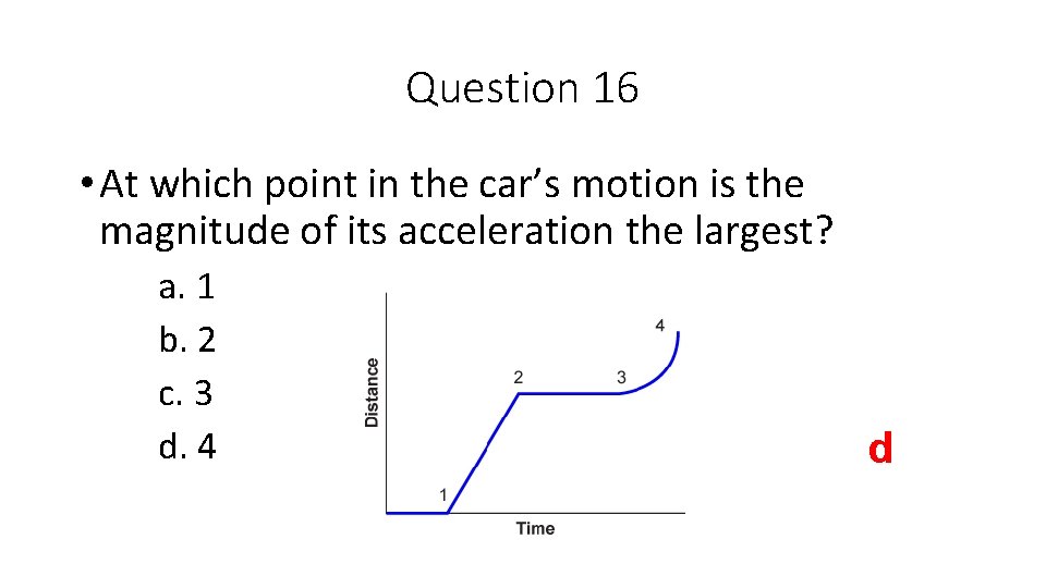 Question 16 • At which point in the car’s motion is the magnitude of