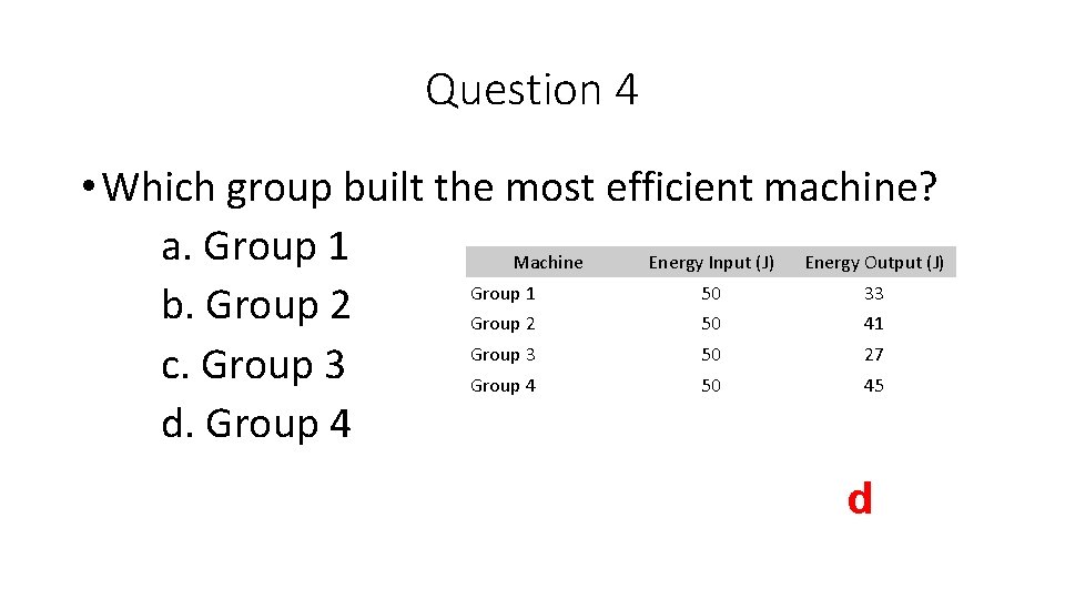 Question 4 • Which group built the most efficient machine? a. Group 1 Machine