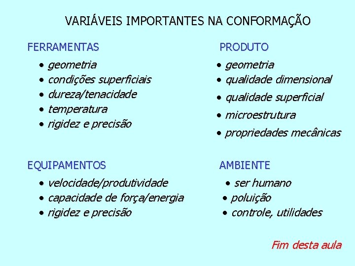 VARIÁVEIS IMPORTANTES NA CONFORMAÇÃO FERRAMENTAS • geometria • condições superficiais • dureza/tenacidade • temperatura