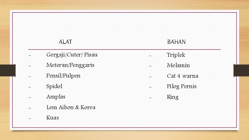 ALAT BAHAN - Gergaji/Cuter/ Pisau - Triplek - Meteran/Penggaris - Melamin - Pensil/Pulpen -