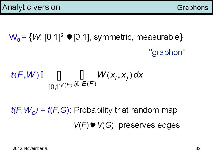 Analytic version Graphons W 0 = {W: [0, 1]2 [0, 1], symmetric, measurable} "graphon"
