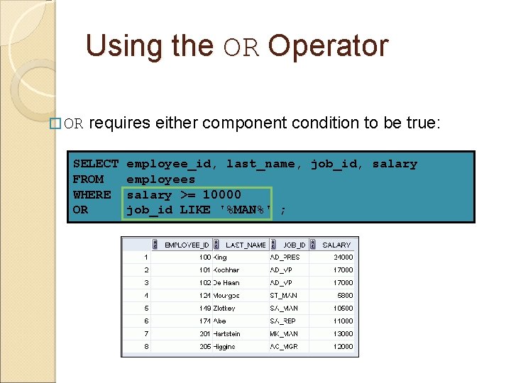 Using the OR Operator � OR requires either component condition to be true: SELECT