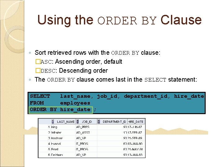 Using the ORDER BY Clause ◦ Sort retrieved rows with the ORDER BY clause: