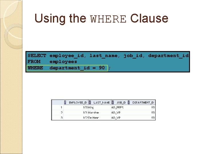 Using the WHERE Clause SELECT employee_id, last_name, job_id, department_id FROM employees WHERE department_id =