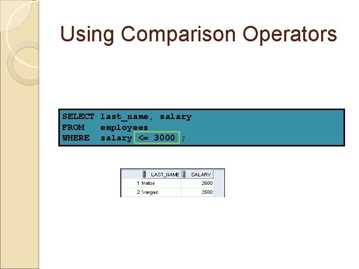 Using Comparison Operators SELECT last_name, salary FROM employees WHERE salary <= 3000 ; 