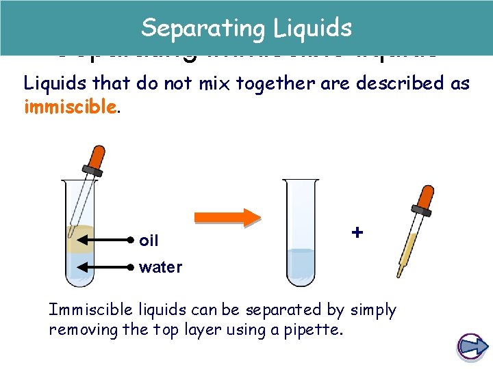 Separating Liquids Separating immiscible liquids Liquids that do not mix together are described as