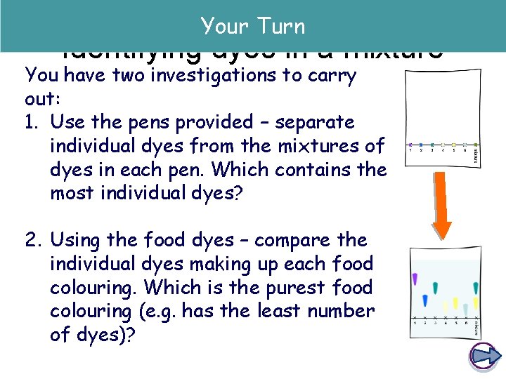 Your Turn Identifying dyes in a mixture You have two investigations to carry out: