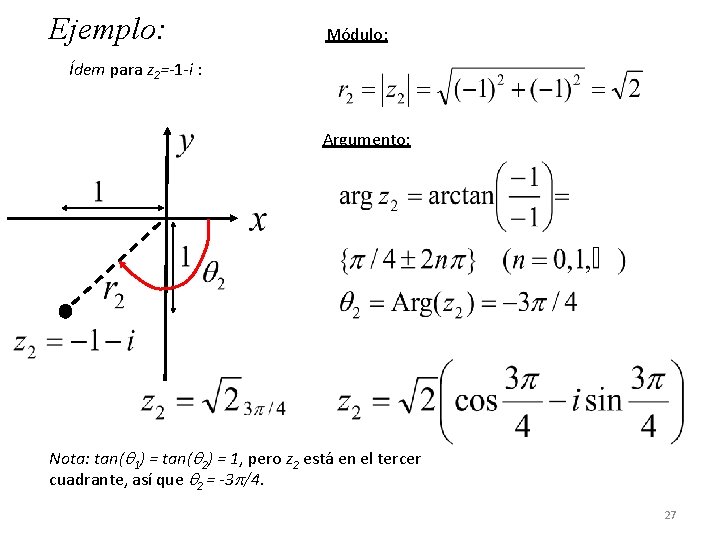 Ejemplo: Módulo: Ídem para z 2=-1 -i : Argumento: Nota: tan( 1) = tan(