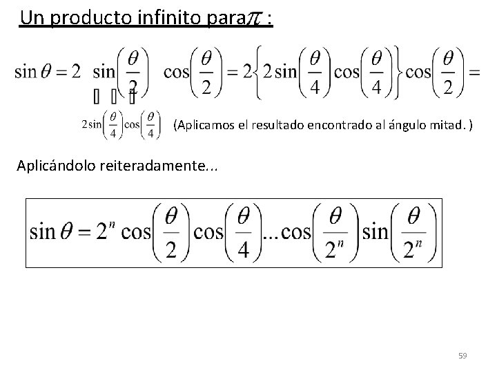 Un producto infinito para : (Aplicamos el resultado encontrado al ángulo mitad. ) Aplicándolo