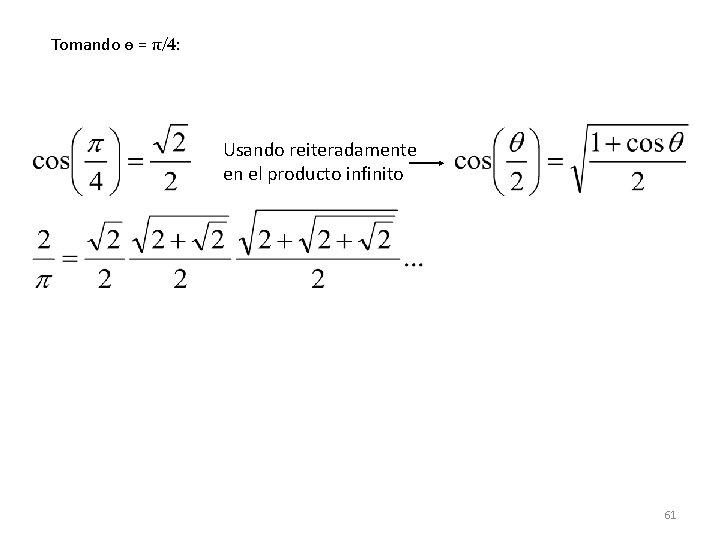 Tomando ө = π/4: Usando reiteradamente en el producto infinito 61 