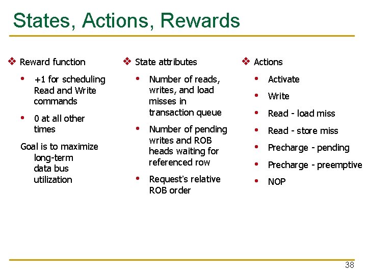 States, Actions, Rewards ❖ Reward function • +1 for scheduling Read and Write commands