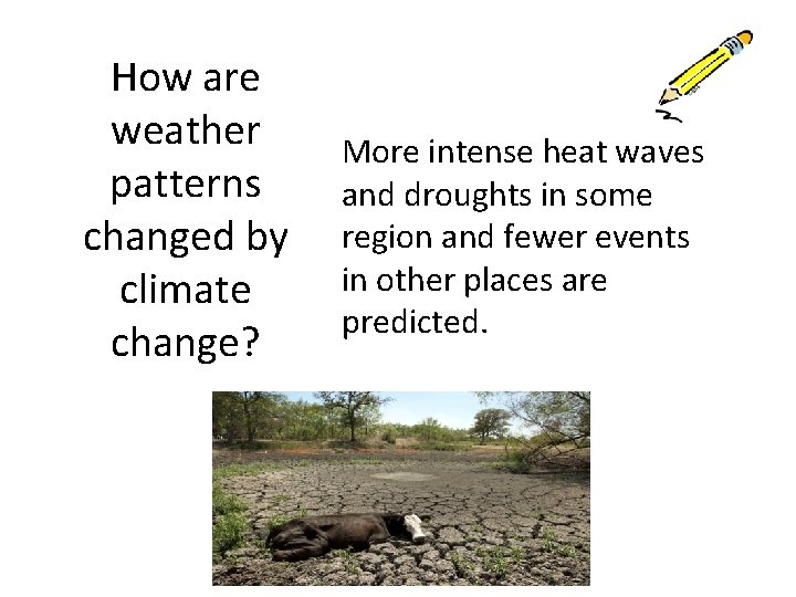 How are weather patterns changed by climate change? More intense heat waves and droughts