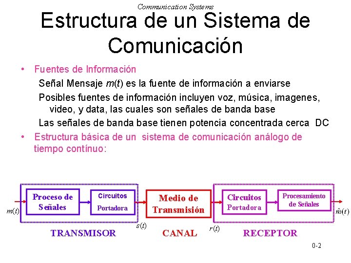 Communication Systems Estructura de un Sistema de Comunicación • Fuentes de Información Señal Mensaje