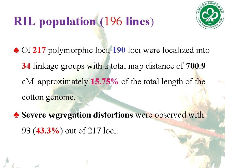 RIL population (196 lines) ♣ Of 217 polymorphic loci, 190 loci were localized into