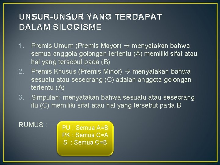 UNSUR-UNSUR YANG TERDAPAT DALAM SILOGISME 1. Premis Umum (Premis Mayor) menyatakan bahwa semua anggota UNSUR-UNSUR YANG TERDAPAT DALAM SILOGISME 1. Premis Umum (Premis Mayor) menyatakan bahwa semua anggota
