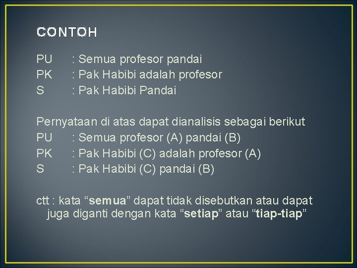 CONTOH PU PK S : Semua profesor pandai : Pak Habibi adalah profesor :