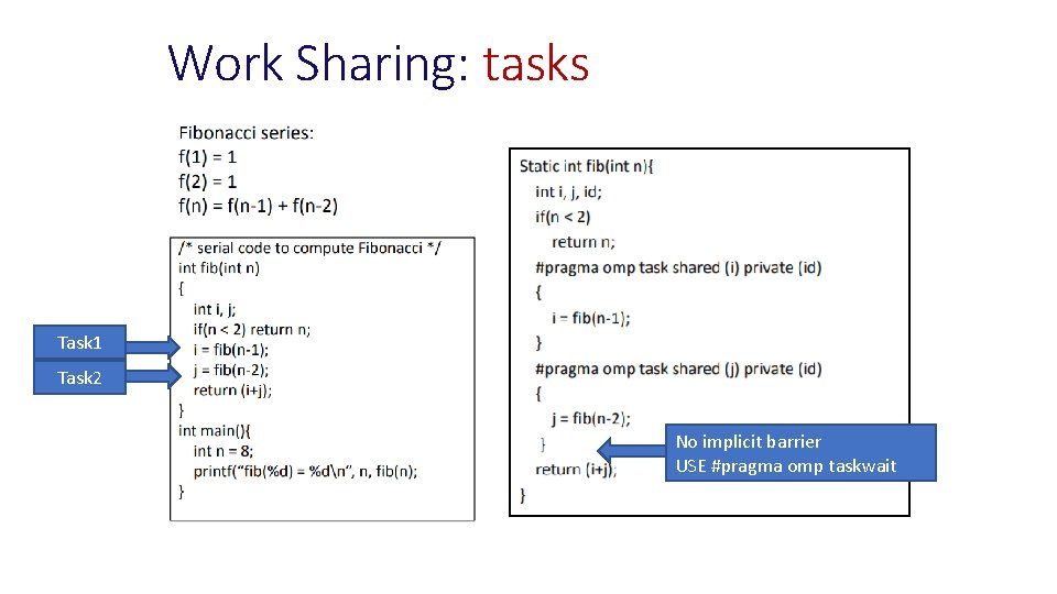 Work Sharing: tasks Task 1 Task 2 No implicit barrier USE #pragma omp taskwait