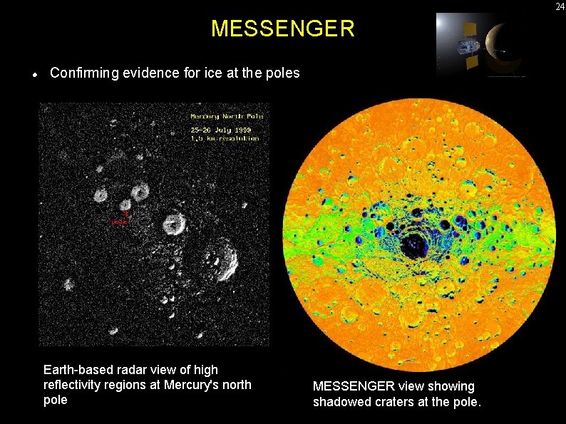 24 MESSENGER Confirming evidence for ice at the poles Earth-based radar view of high