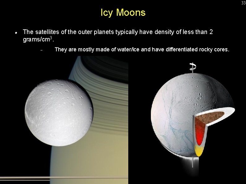 33 Icy Moons The satellites of the outer planets typically have density of less