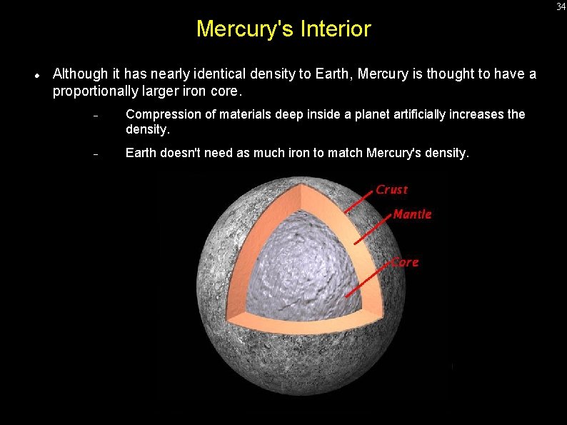 34 Mercury's Interior Although it has nearly identical density to Earth, Mercury is thought