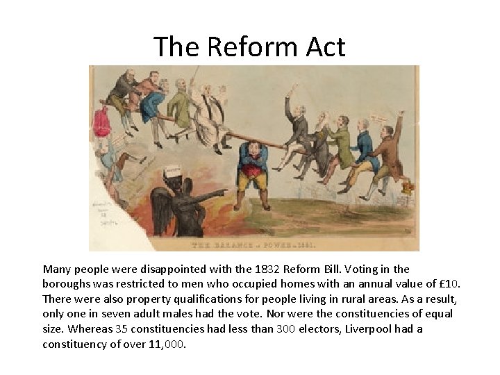 The Reform Act Many people were disappointed with the 1832 Reform Bill. Voting in