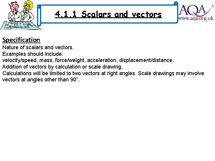4. 1. 1 Scalars and vectors Specification Nature of scalars and vectors. Examples should