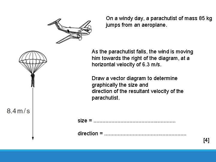 On a windy day, a parachutist of mass 85 kg jumps from an aeroplane.
