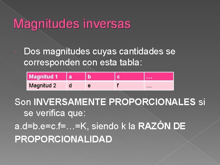 Magnitudes inversas Dos magnitudes cuyas cantidades se corresponden con esta tabla: Magnitud 1 a