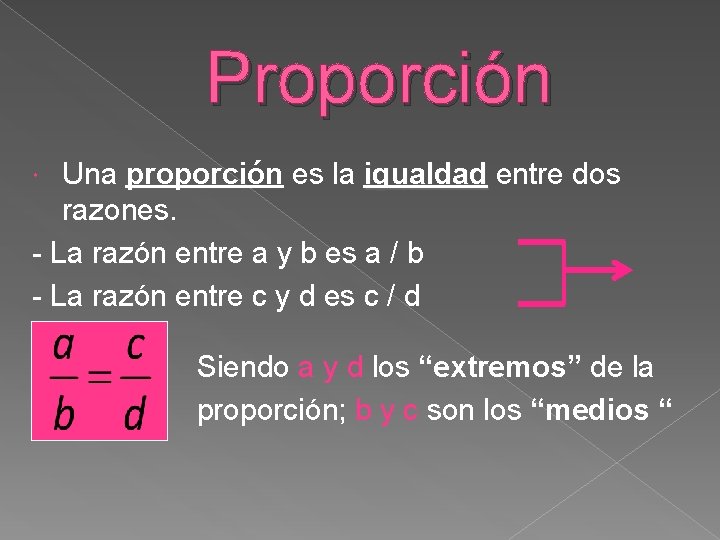 Proporción Una proporción es la igualdad entre dos igualdad razones. - La razón entre