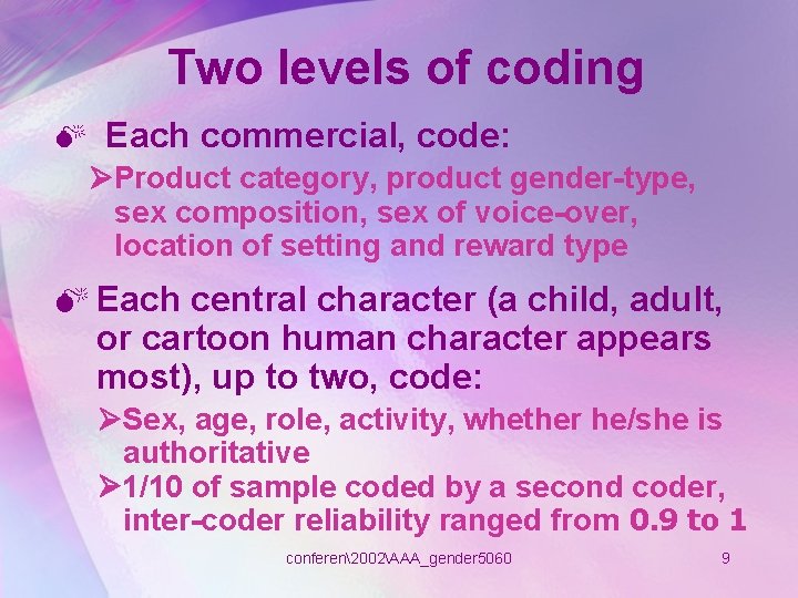 Two levels of coding M Each commercial, code: Product category, product gender-type, sex composition,