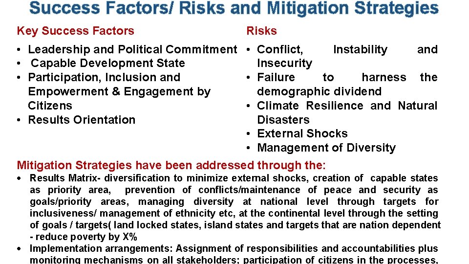 Success Factors/ Risks and Mitigation Strategies Key Success Factors Risks • Leadership and Political