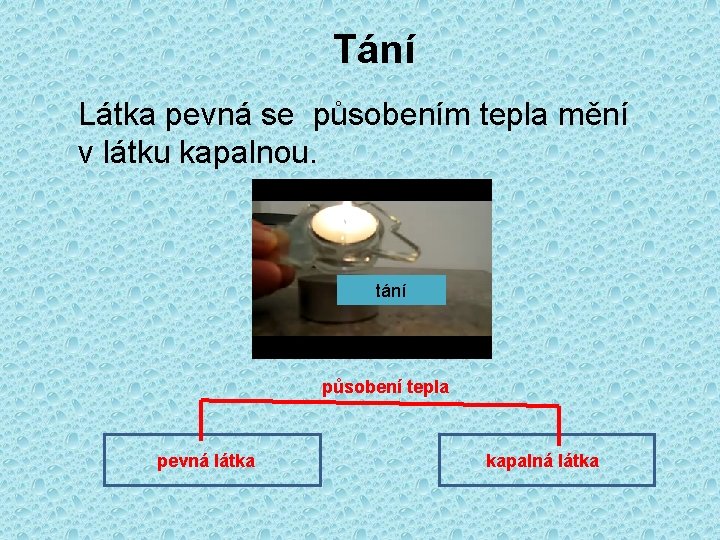 Tání Látka pevná se působením tepla mění v látku kapalnou. tání působení tepla pevná