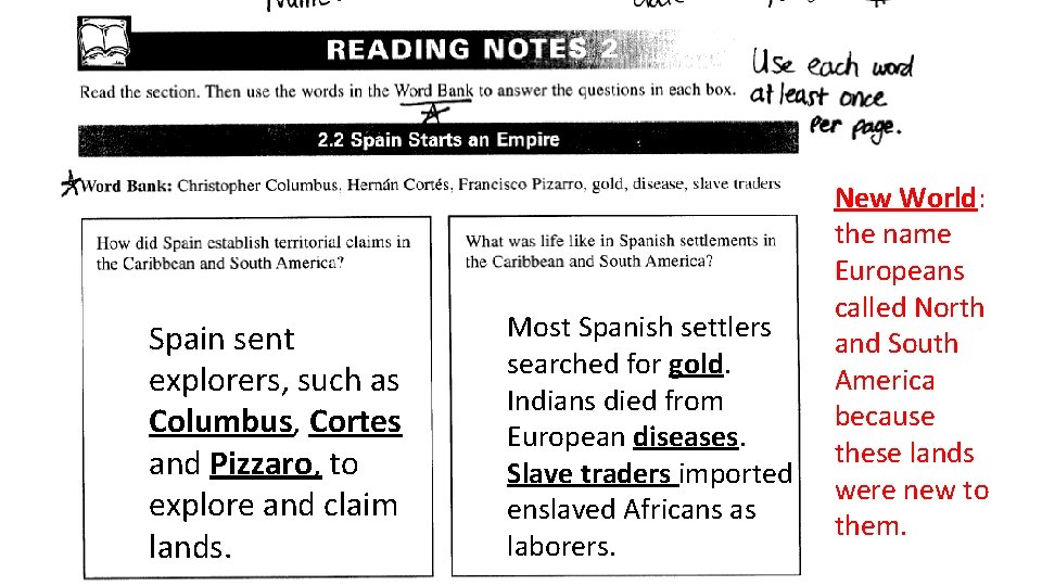 Spain sent explorers, such as Columbus, Cortes and Pizzaro, to explore and claim lands. Spain sent explorers, such as Columbus, Cortes and Pizzaro, to explore and claim lands.