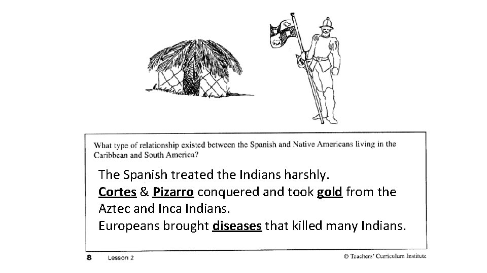 The Spanish treated the Indians harshly. Cortes & Pizarro conquered and took gold from The Spanish treated the Indians harshly. Cortes & Pizarro conquered and took gold from