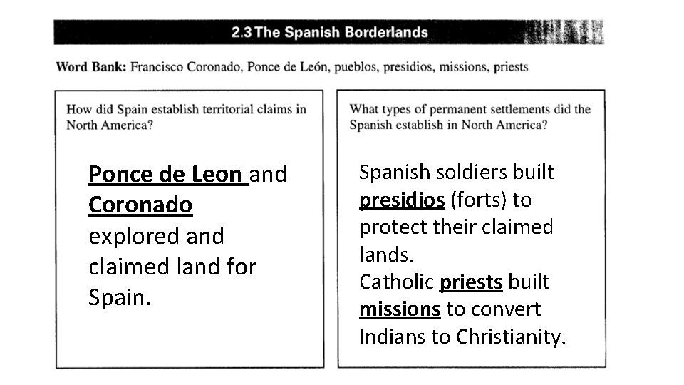 Ponce de Leon and Coronado explored and claimed land for Spain. Spanish soldiers built Ponce de Leon and Coronado explored and claimed land for Spain. Spanish soldiers built