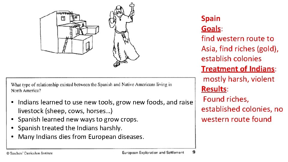 Spain Goals: find western route to Asia, find riches (gold), establish colonies Treatment of Spain Goals: find western route to Asia, find riches (gold), establish colonies Treatment of