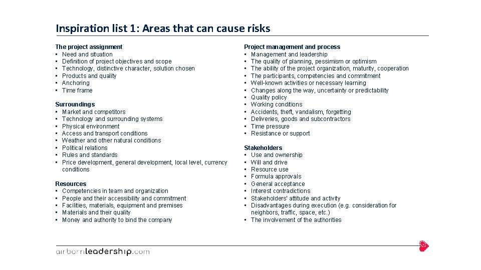 Inspiration list 1: Areas that can cause risks The project assignment • Need and