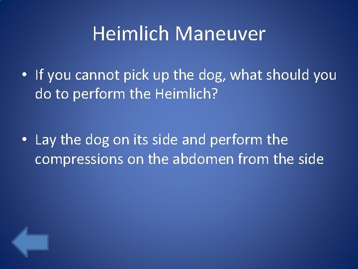 Heimlich Maneuver • If you cannot pick up the dog, what should you do