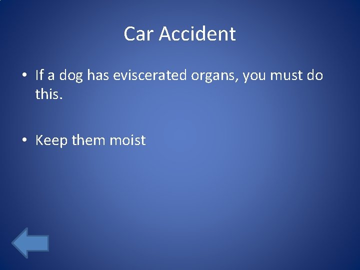 Car Accident • If a dog has eviscerated organs, you must do this. •