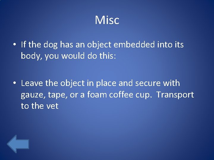 Misc • If the dog has an object embedded into its body, you would