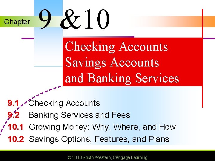 Chapter 9 &10 Checking Accounts Savings Accounts and Banking Services 9. 1 9. 2