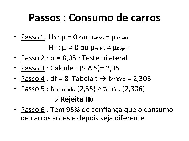 Passos : Consumo de carros • Passo 1 H 0 : μ = 0 Passos : Consumo de carros • Passo 1 H 0 : μ = 0