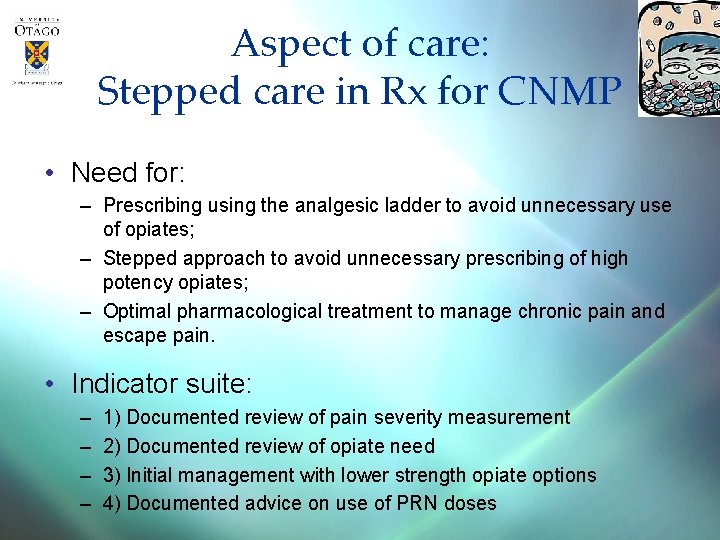 Aspect of care: Stepped care in Rx for CNMP • Need for: – Prescribing