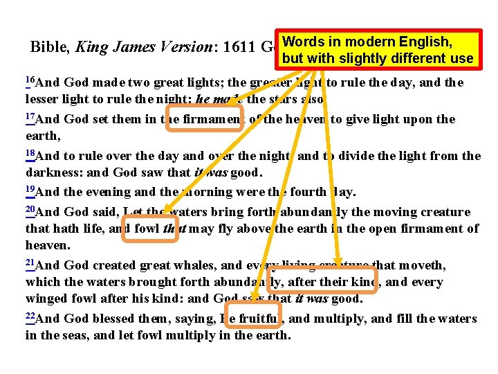 Words in modern English, Bible, King James Version: 1611 Genesis but with slightly different