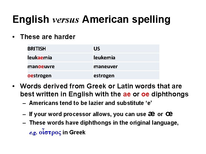 English versus American spelling • These are harder BRITISH US leukaemia leukemia manoeuvre maneuver