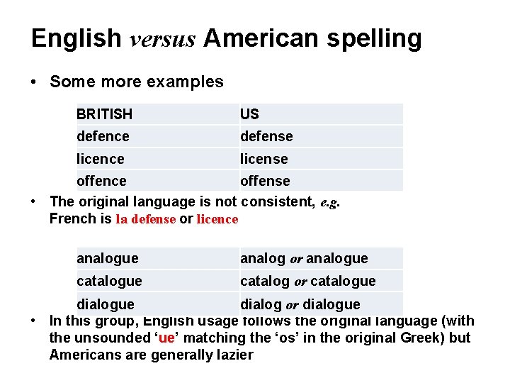 English versus American spelling • Some more examples BRITISH US defence defense licence license