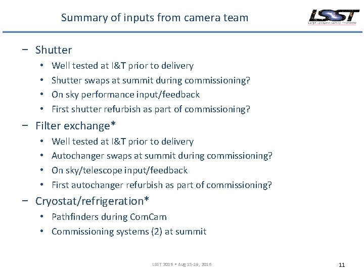 Summary of inputs from camera team − Shutter • • Well tested at I&T
